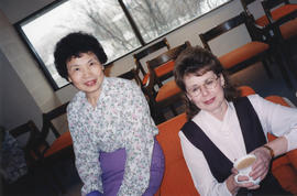 Photograph of Lee Hsiung and Karen Chandler in the staff lounge at the Killam Memorial Library