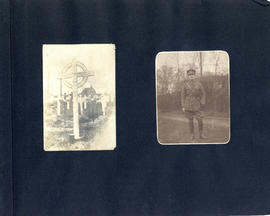 Scrapbook page with photographs of a soldier in uniform who might be Lieutenant J.E. Hetherington...
