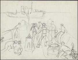 Charcoal and pencil study sketch by Donald Cameron Mackay showing sailors on the aft deck