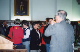 Photograph of Sylvia Fullerton and guests mingling at her retirement party