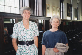Photograph of Sharon Longard and an unidentified woman at Patricia Lutley's retirement party