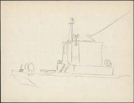 Charcoal and study sketch by Donald Cameron Mackay of a naval diving barge