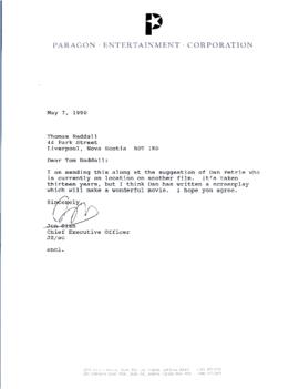 Correspondence between Thomas Head Raddall and Paragon Entertainment Company