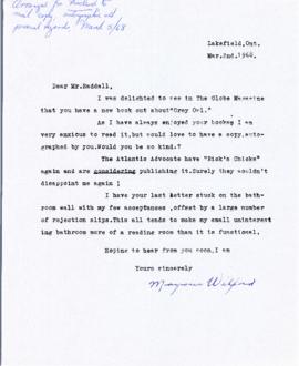 Correspondence between Thomas Head Raddall and Marjorie Wilford