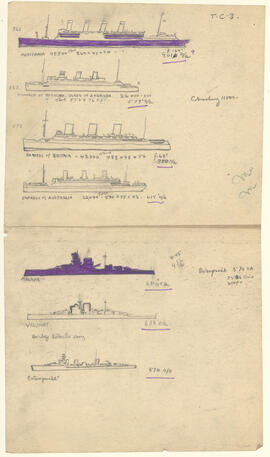 Pencil and ink silhouettes by Donald Cameron Mackay of seven allied ships