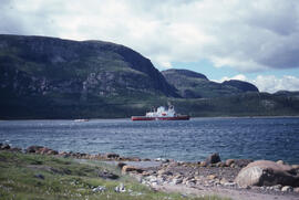 Photograph of the accomodation ship Franklin from shore at Anaktalak Bay, near Voisey's Bay, Newf...