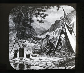 Photograph of an illustration of an Acadian woman sitting with a Mi'kmaq woman in a camp