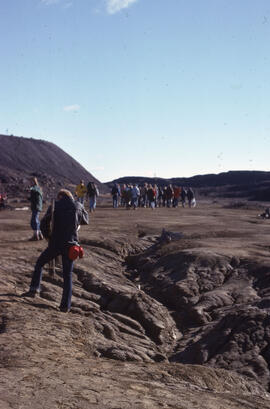 Photograph of a group of researchers standing near slag heaps at the Coniston site, near Sudbury,...