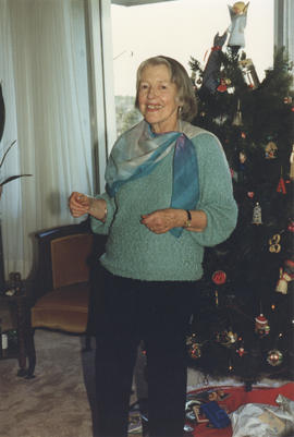 Photograph of Christine McDade at the Kellogg Christmas party 1986