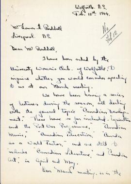 Correspondence between Thomas Head Raddall and University Women's Club, Wolfville