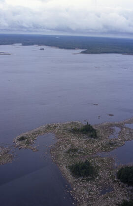 Aerial photograph of a lake with a rocky shore in Tobeatic Wilderness Area, southwestern Nova Scotia