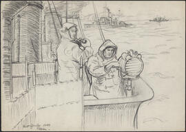 Charcoal and pencil drawing by Donald Cameron Mackay of two sailors on watch aboard HMCS Restigouche