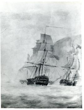 Photograph reproduction of a Nicholas Pocock watercolour depicting the sailing vessel The Isis
