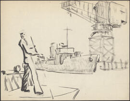 Charcoal and ink drawing by Donald Cameron Mackay of a sailor standing on the deck of a pilot boa...