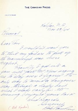 Correspondence between Thomas Head Raddall and Bob Rankin
