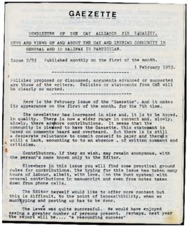 Gaezette : newsletter of the Gay Alliance for Equality, issue 2, 1985
