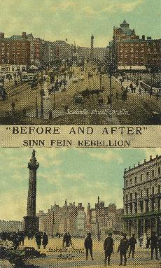 Postcard of two views of Sackville Street, Dublin, before and after the Sinn Fein Rebellion
