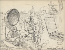 Charcoal and pencil drawing by Donald Cameron Mackay of a gun crew on an unidentified Corvette pe...