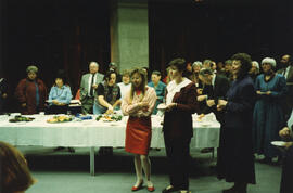 Photograph of library staff at Charles Armour's retirement party, including Audrey Lapierre, Paul...