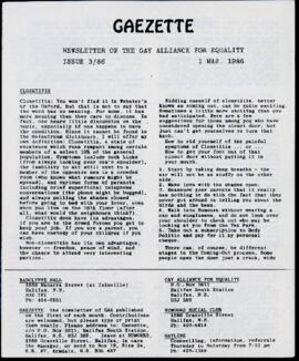 Gaezette : newsletter of the Gay Alliance for Equality, issue 3, 1986