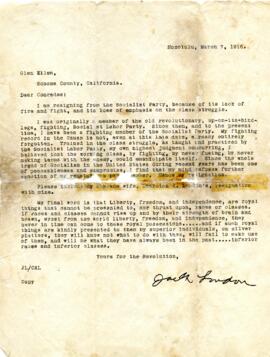 Resignation letter from Jack London to members of the Socialist Party