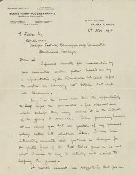 Letter from Gilbert S. Stairs to E. Forbes, the Chairman of the Halifax Football Championship Com...