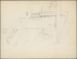 Pencil study sketch by Donald Cameron Mackay of a large naval ship in port