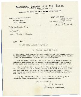 Correspondence between Thomas Head Raddall and the National Library for the Blind