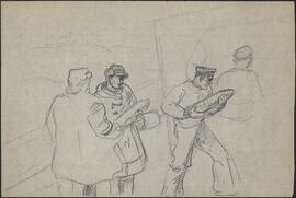 Charcoal and pencil drawing by Donald Cameron Mackay of Canadian sailors loading munitions