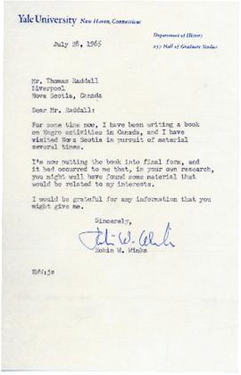Correspondence between Thomas Head Raddall and Robin W. Winks