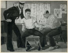 Photograph of an oil painting of tattooing of a sailor by D.C. Mackay