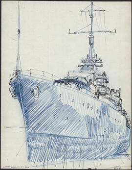 Pencil and ink drawing by Donald Cameron Mackay of HMCS Iroquois, port side, docked at the Dartmo...