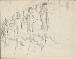 Charcoal and pencil sketch by Donald Cameron Mackay of sailors carrying duffelbags climbing a gan...