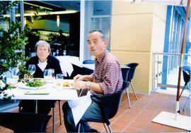 Photograph of Elisabeth Mann Borgese and an unidentified man at a restaurant
