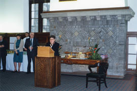 Photograph of Sylvia Fullerton speaking at her retirement party