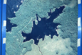 Aerial photograph of Pebbleloggitch Lake, Kejimkujik National Park, Nova Scotia, from a northwest...