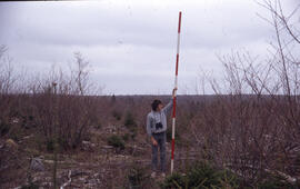 Photograph of an unidentified researcher conducting forest biomass measurements at Plot G, a thre...