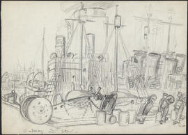 Charcoal and pencil drawing by Donald Cameron Mackay of a port scene at Suðuroy, Faroe Islands