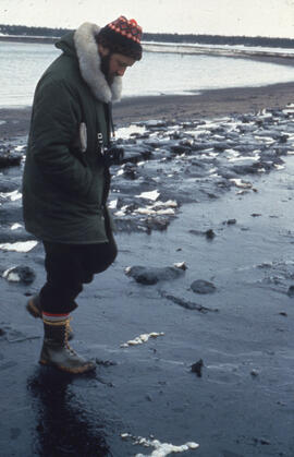 Photograph of an unidentified person walking along oil-soaked coastline after SS Arrow oil spill,...