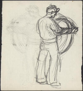 Charcoal drawing by Donald Cameron Mackay of a sailor performing maintenance work on deck equipment
