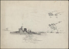 Charcoal and pencil sketch by Donald Cameron Mackay of a port-side view of an unidentified Canadi...