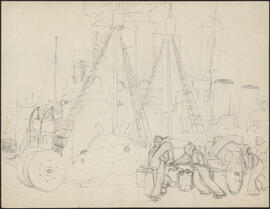Pencil drawing by Donald Cameron Mackay of sailors disembarking in port