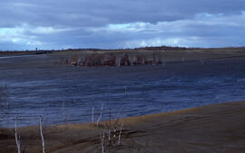Photograph of an active tailings pond at the Copper Cliff site, near Sudbury, Ontario