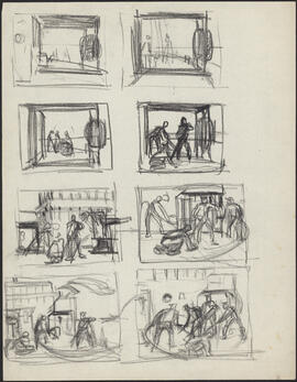 Eight small charcoal sketches by Donald Cameron Mackay of naval deck maintenance duties