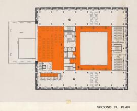 Proposed floor plans for the Killam Library with coloured and numbered acetate overlays indicatin...