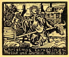 Printed Christmas card depicting two oxen pulling a cart with trees and wreaths, designed by D.C....