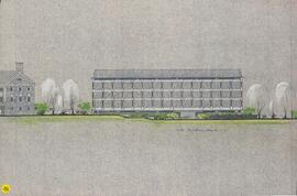 Hand-coloured blackline print of a conceptual drawing of the south elevation of the Killam Librar...