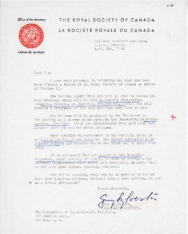 Letters advising Vincent MacDonald of his election to the Royal Society of Canada