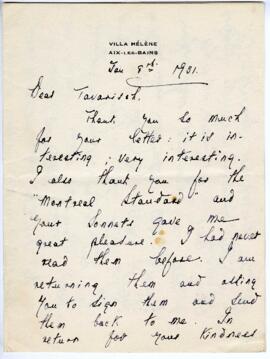 Correspondence from Owen Bell Jones to MacMechan, January 8, 1931