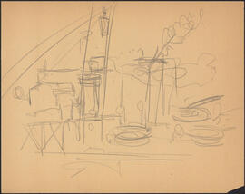 Pencil study sketch by Donald Cameron Mackay showing equipment on the deck of a Canadian naval ship